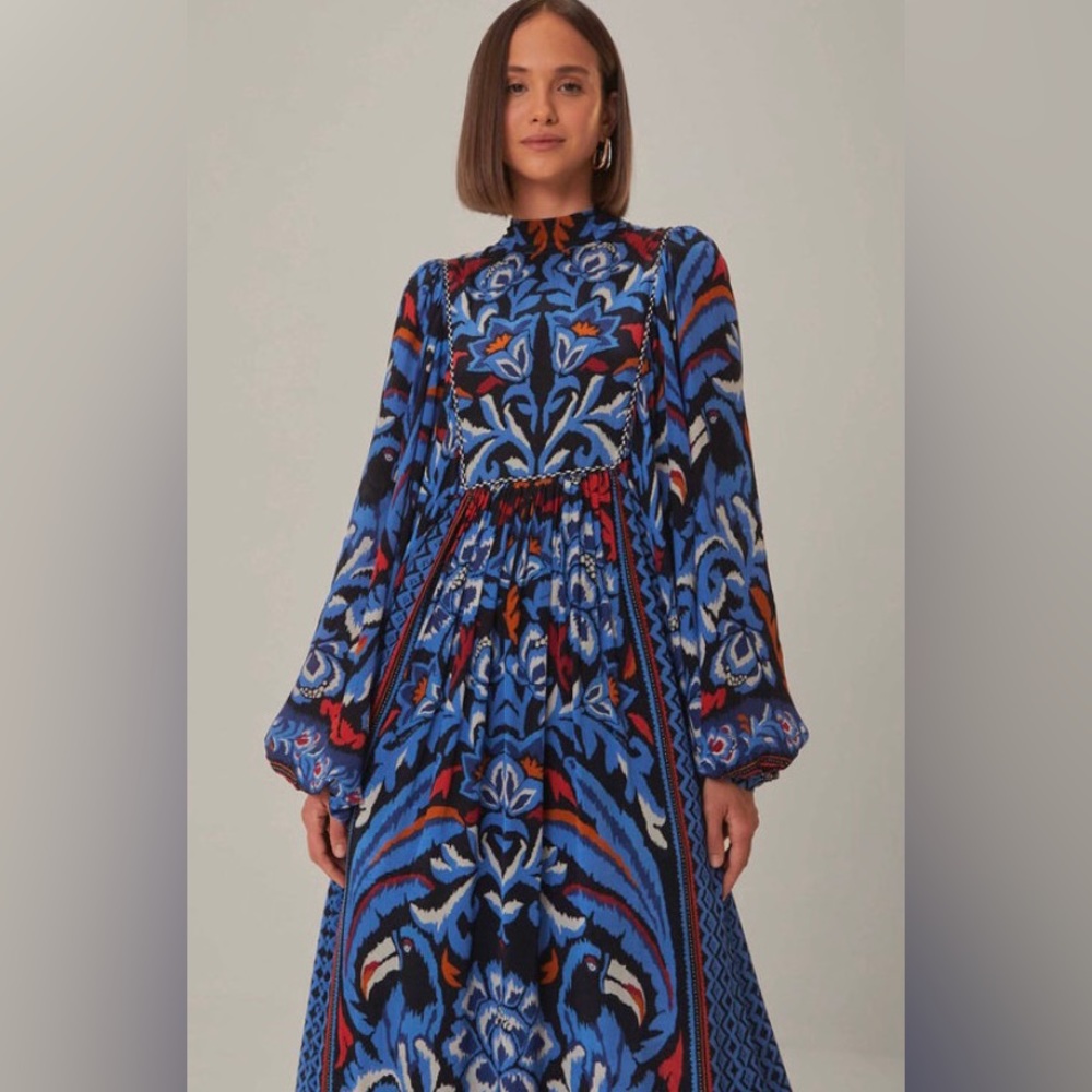 Farm Rio Black Toucans Scarf Long Sleeve Maxi Dress